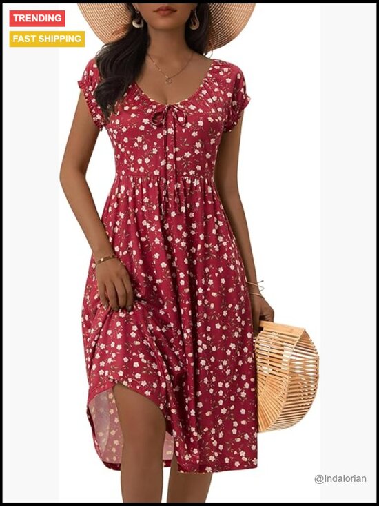 Dresses & Skirts - Summer Floral V Neck Puff Cap Sleeve Sundress Midi Dress with Pockets